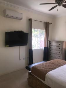 Un dormitorio con una cama y un televisor de pantalla plana. en Tropical Luxury Dreams, en Ocho Ríos