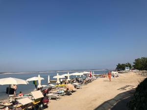 een strand met een stel stoelen en parasols bij Little villa Tony- Center 40m beach Crikvenica in Crikvenica