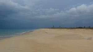 an empty beach with a cloudy sky and the ocean at Uthayam in Point Pedro