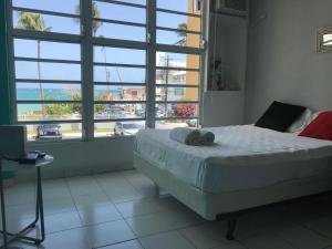 ein Schlafzimmer mit einem Bett und einem großen Fenster in der Unterkunft Coco Mar Oceanview Studios in San Juan