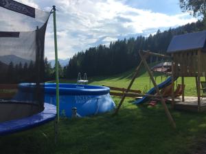 a playground with a blue tub and a swing at Bauernhof Hinterfirst in Söll