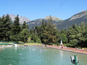 ラ・ノルマにあるappartement tous confort montagneの山を背景に湖水泳を行う人々