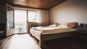um quarto com uma cama e uma grande janela em Ferienwohnung Morgengabe em Fraxern