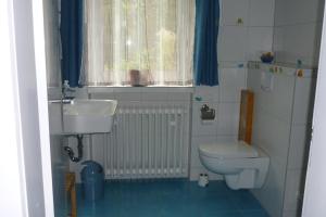 a bathroom with a sink and a toilet and a window at Ferienwohnung Petronela in Waren