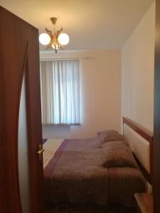 - une chambre avec un lit, un lustre et une fenêtre dans l'établissement Jermuk Apartment, à Jermuk