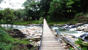 a wooden bridge over a river with rocks and trees at Hotel Piramide in Eldorado