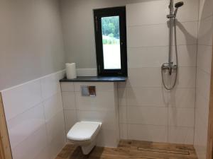 a bathroom with a toilet and a window and a shower at Domek letniskowy in Wünschelburg