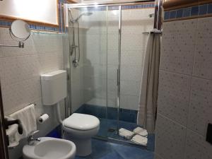 a bathroom with a toilet and a glass shower at Villa dei Limoni sul Mare in Castellammare del Golfo