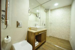 a bathroom with a sink and a toilet and a shower at Hotel Union in Podgorica