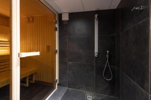 La salle de bains est pourvue d'une douche avec un mur noir. dans l'établissement Mercure St Malo Front de Mer, à Saint-Malo