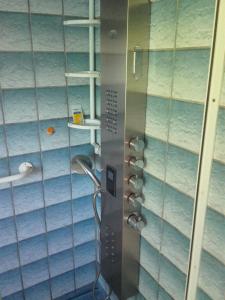 La salle de bains est pourvue d'une douche et d'une paroi en verre. dans l'établissement shirley, à Villars-les-Dombes