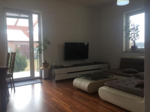 a living room with a television and a couch at Noclegi u Ireny in Zakręt