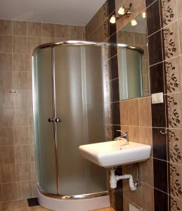 eine Dusche mit Waschbecken und Spiegel im Bad in der Unterkunft Restauracja Applause in Ludwin