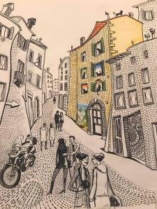 a drawing of people walking down a street at Le Camere di Casa Cassandra in Perugia