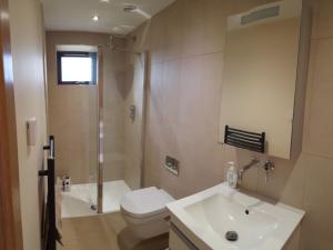 uma casa de banho com um WC, um lavatório e um chuveiro em Wester Blackpark Farm em Inverness