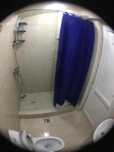 a bathroom with a shower with a blue shower curtain at Kobuleti Rooftop Hotel in Kobuleti