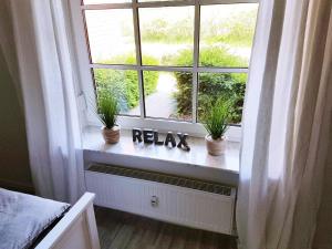 Una ventana con plantas en macetas en el alféizar. en Wellenreiter - das appartment, en Schönhagen