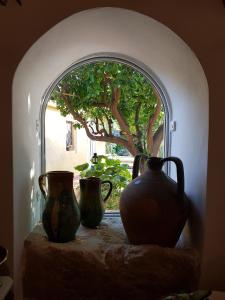 tres jarrones sentados en una mesa frente a una ventana en L'AGRUMETO SEGRETO, en Riola Sardo