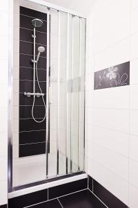 a shower in a bathroom with black and white tiles at Apartments Adriapag in Pag