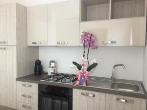 una cucina con piano cottura e vaso fiorito di B & B L’ Aurora a Manduria