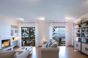 Arokaria Beach House في نِكيانا: غرفة معيشة مع أريكة ومدفأة