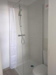 a shower with a glass door next to a toilet at Appart Hôtel L'Angélique in Saint-Nazaire