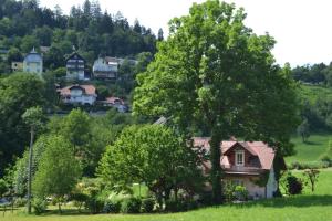 a house on a hill with trees and houses at Homestay Vito by Lake in Bled