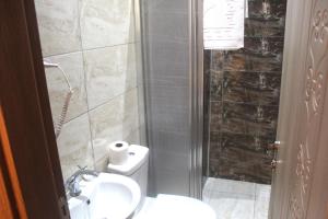 een badkamer met een toilet, een wastafel en een douche bij Hotel Megaron in Istanbul