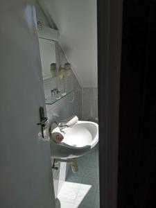 ein Bad mit einem Waschbecken und einem Spiegel in der Unterkunft Polgármester Étterem és Panzió in Fertőszéplak