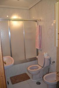 トレドにあるCasa Santo Toméのバスルーム(トイレ、洗面台、シャワー付)