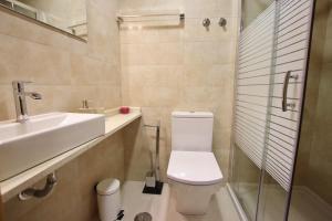 a bathroom with a toilet and a sink and a shower at Casa do Ocreza in Sobral Fernando +15 photos