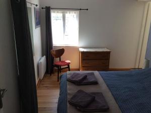 - une chambre avec un lit, une chaise et une fenêtre dans l'établissement Gite de Cerisier, à Saint-Nicolas-de-la-Grave