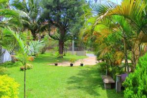 einen Park mit einer Bank, Palmen und Gras in der Unterkunft Sanras Hotel and Restaurant in Galle