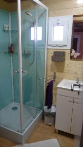 a bathroom with a shower and a toilet and a sink at Casa DiMaria in Trancoso