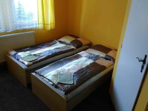 due letti singoli in una stanza con finestra di Hotel Modrá hvězda Sadská a Sadská