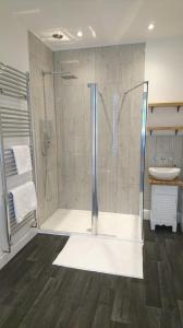een badkamer met een douche en een wastafel bij Tippy's Guesthouse in Newquay
