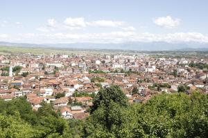 a view of a city with houses and trees at Garden Guesthouse in Gjakove