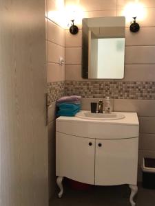 a bathroom with a white sink and a mirror at Apartmani Roganovic in Luštica