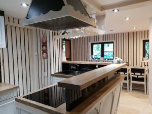 eine Küche mit Theke und Herd oberen Backofen in der Unterkunft Kashubia Cottage in Przewóz