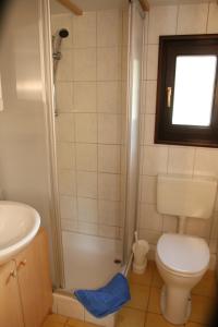 uma casa de banho com um WC, um lavatório e um chuveiro em Country Camping Berlin em Tiefensee
