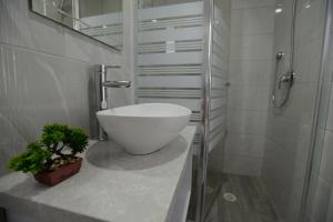 a bathroom with a bowl sink and a shower at Olga Beach Apartment 28 in Haifa