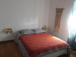 ein Schlafzimmer mit einem Bett mit einer roten Decke in der Unterkunft La Coulée Douce - Chez Antoine in Castelnaudary