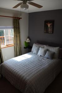 a bedroom with a bed with a ceiling fan and a window at A Hyde Away Inn B&B in Tok