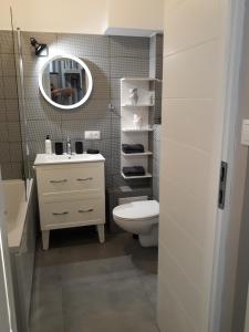 uma casa de banho com um WC, um lavatório e um espelho. em 2 Bedroom City Center Apartment em Katowice