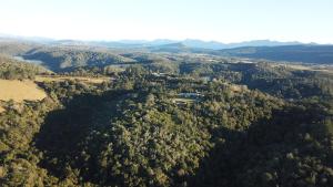 una vista aérea de un bosque con montañas en el fondo en Green Hills Forest Lodge en The Crags