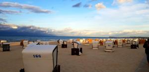 ein Strand mit einem Haufen weißer Stühle im Sand in der Unterkunft Waldperle in Ostseebad Karlshagen
