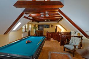 a pool table in a living room with a ceiling at Vila Ambient in Cristian