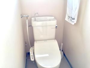 a small bathroom with a toilet and a sink at Backpackers Dorms Miwa Apartment in Nagano