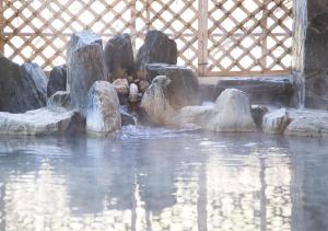 - un parc aquatique avec des rochers et une cascade dans l'établissement Itoen Hotel Shiobara, à Nasushiobara