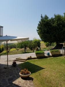 a patio with an umbrella and some plants and trees at Relax da Sabry in Senigallia